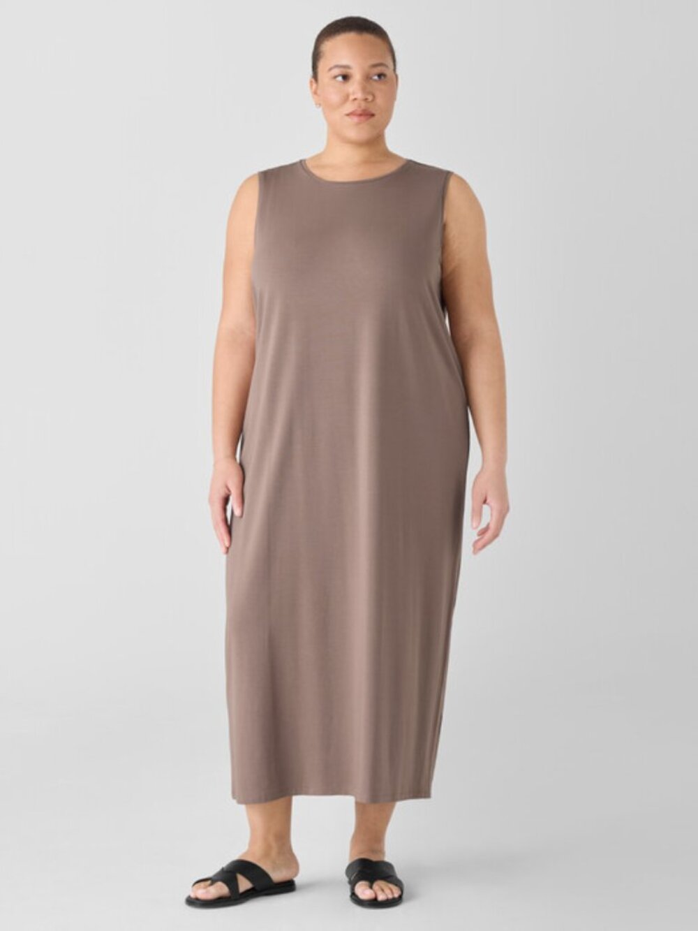 Eileen Fisher Medium Stretch Jersey Knit Round Neck Dress Easy Fit Full Length